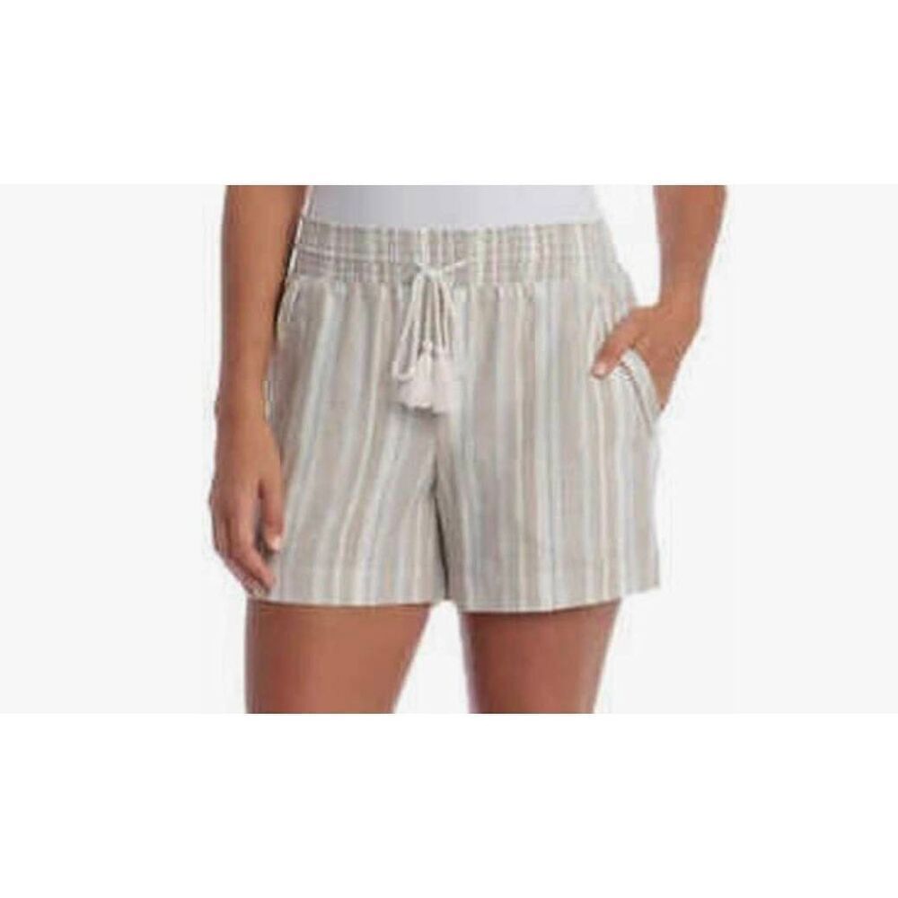 Briggs Women's Tan/White/Blue Linen/Rayon Shorts w Pockets Elastic Waist and Dra